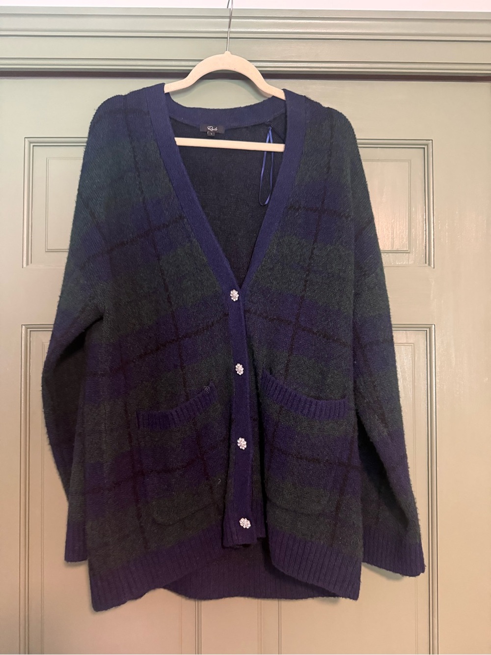 Rails Navy and Forest Green Plaid Cardigan with Floral Buttons